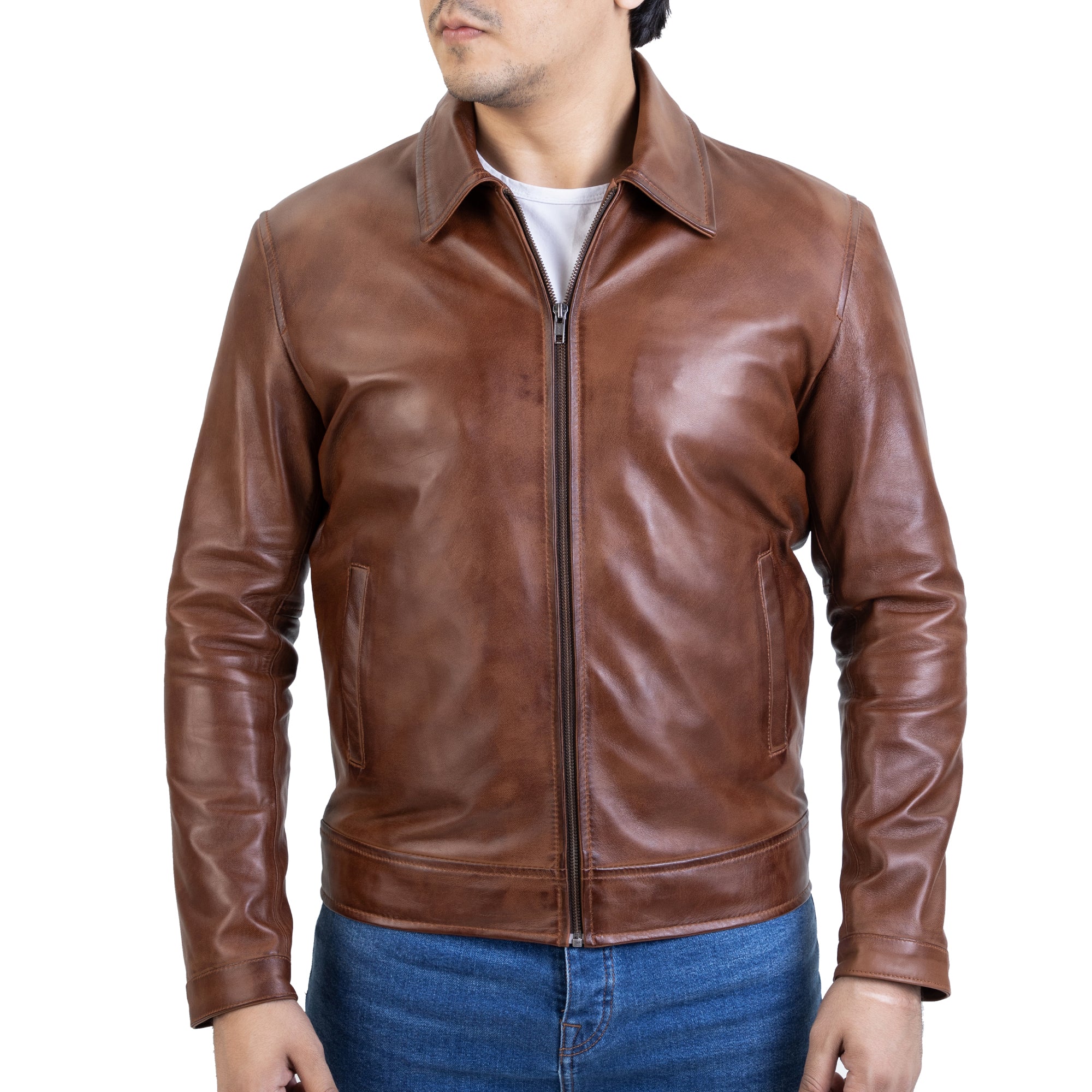Men's Brown Harrington Collar Shirt Premium Leather Jacket